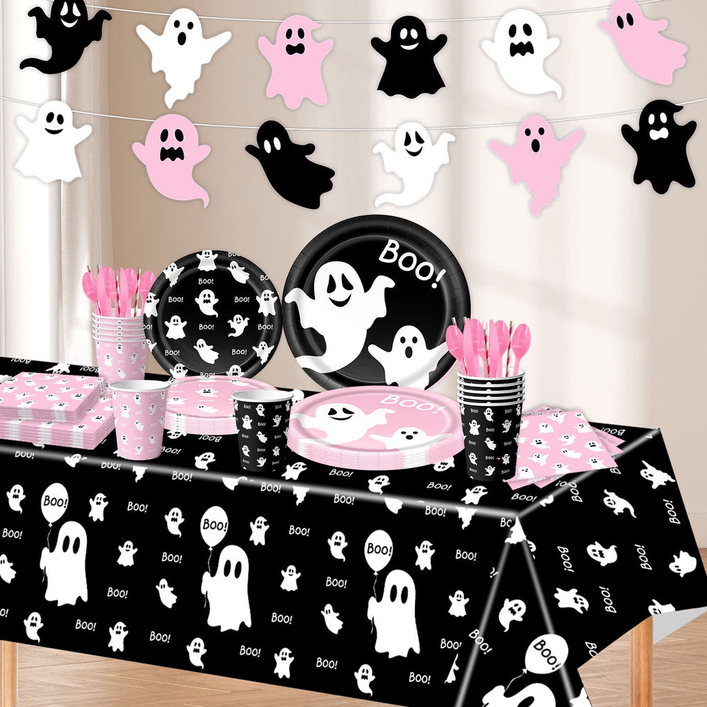 50/73/93Pcs Halloween Boo Party Tableware Supplies Decorations, Spooky Ghost Plates Napkins Boo Ghost Tableware Tablecloth Banner for Halloween Birthday Party Boo Baby Shower Party Supplies