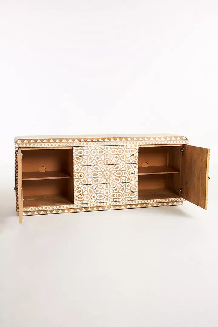 Handcarved Tropical Hardwood Buffet Cabinet, 72in W x 19in D x 30in H - Brass-Finished Iron Hardware
