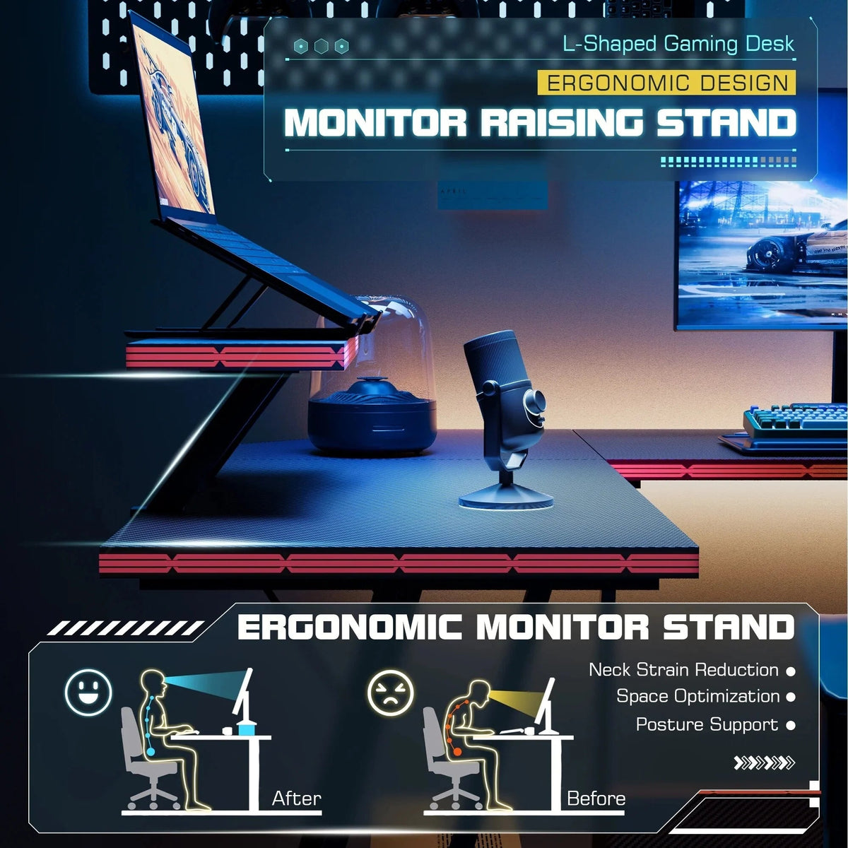 L-Shaped Gaming Computer Corner Desk With Monitor Stand - 220 lbs Capacity