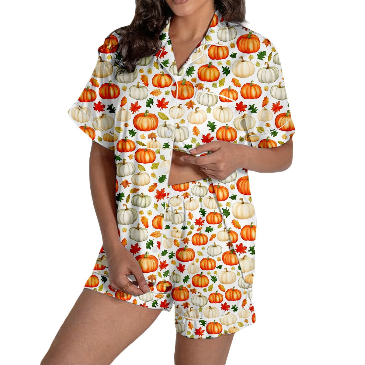 MEZZALL Women Halloween Printed Pajama With Lapel Collar Short Sleeve Tops And Shorts For Home Wear Cozy For Lightweight And Breathable Comfort Relaxed Fit 2 Piece Pjs