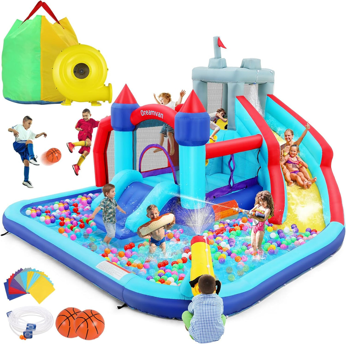 ROOJER 8-in-1 Kids Inflatable Bounce House Water Park With 450W Blower, 2 Water Cannons, Crocodile Sprinkler - B0C2HLK2R4
