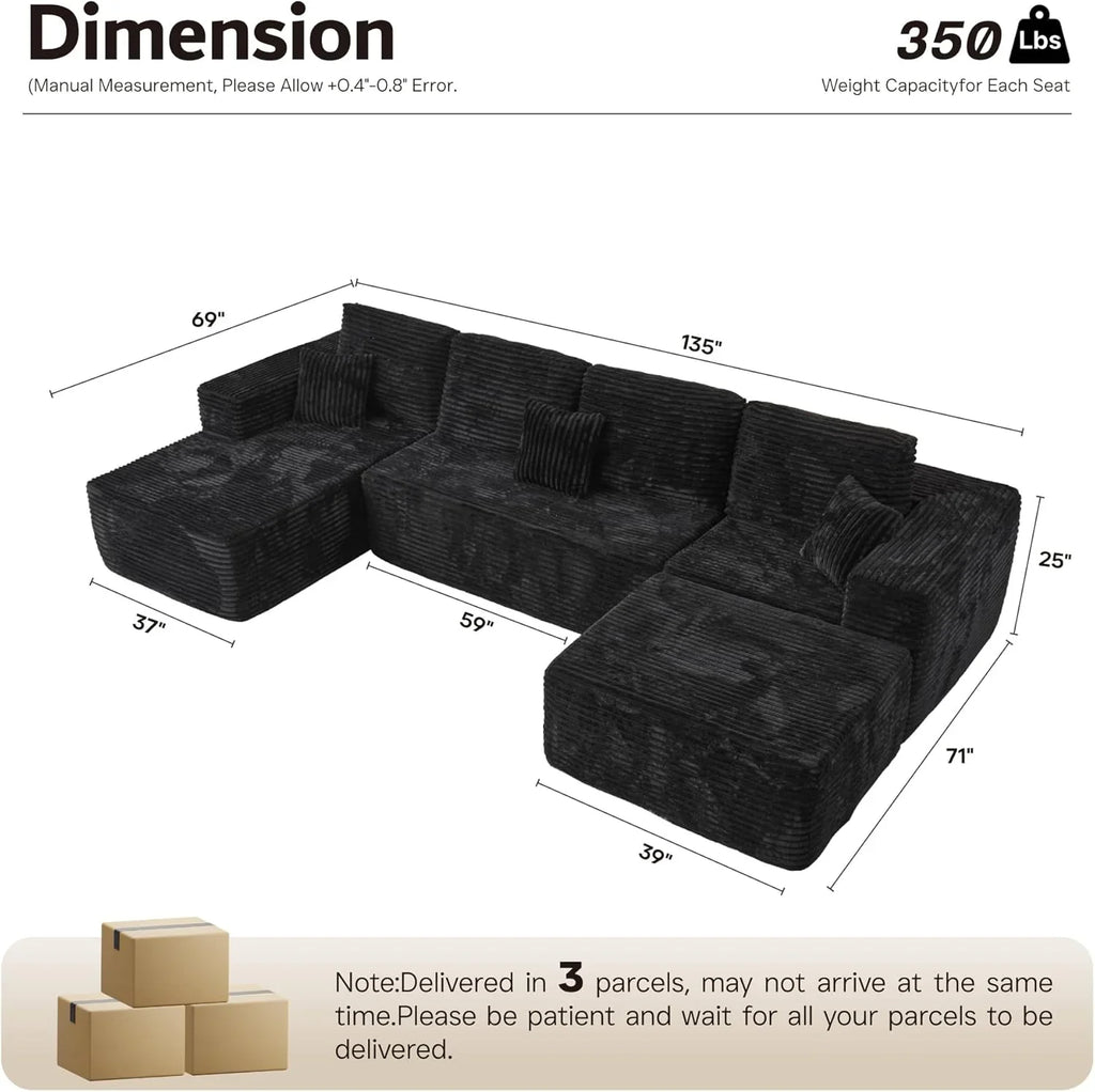 ovios 104in L-Shape Sectional Sofa With Chaise, Grey Plush Corduroy Fabric