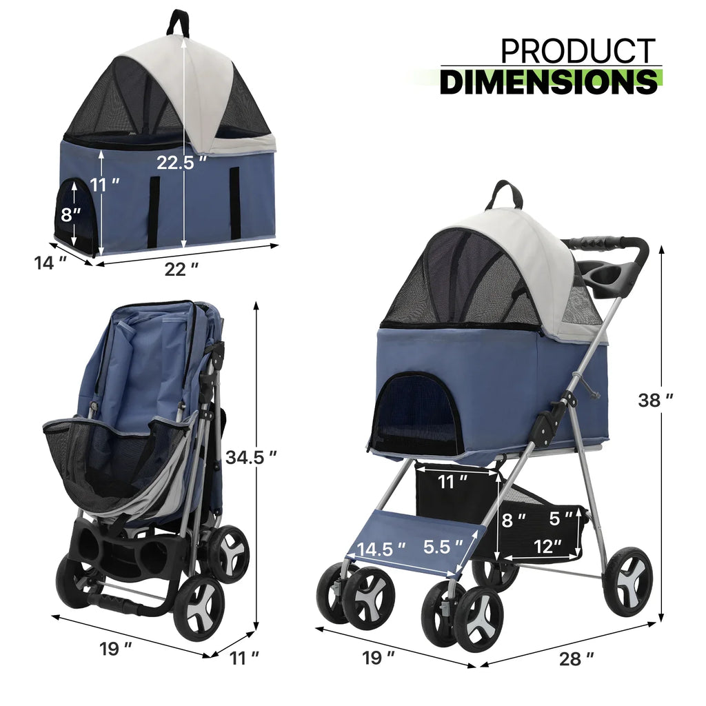 Magshion Foldable Pet Stroller, 4 Wheel, Navy Blue, 33 lbs Capacity