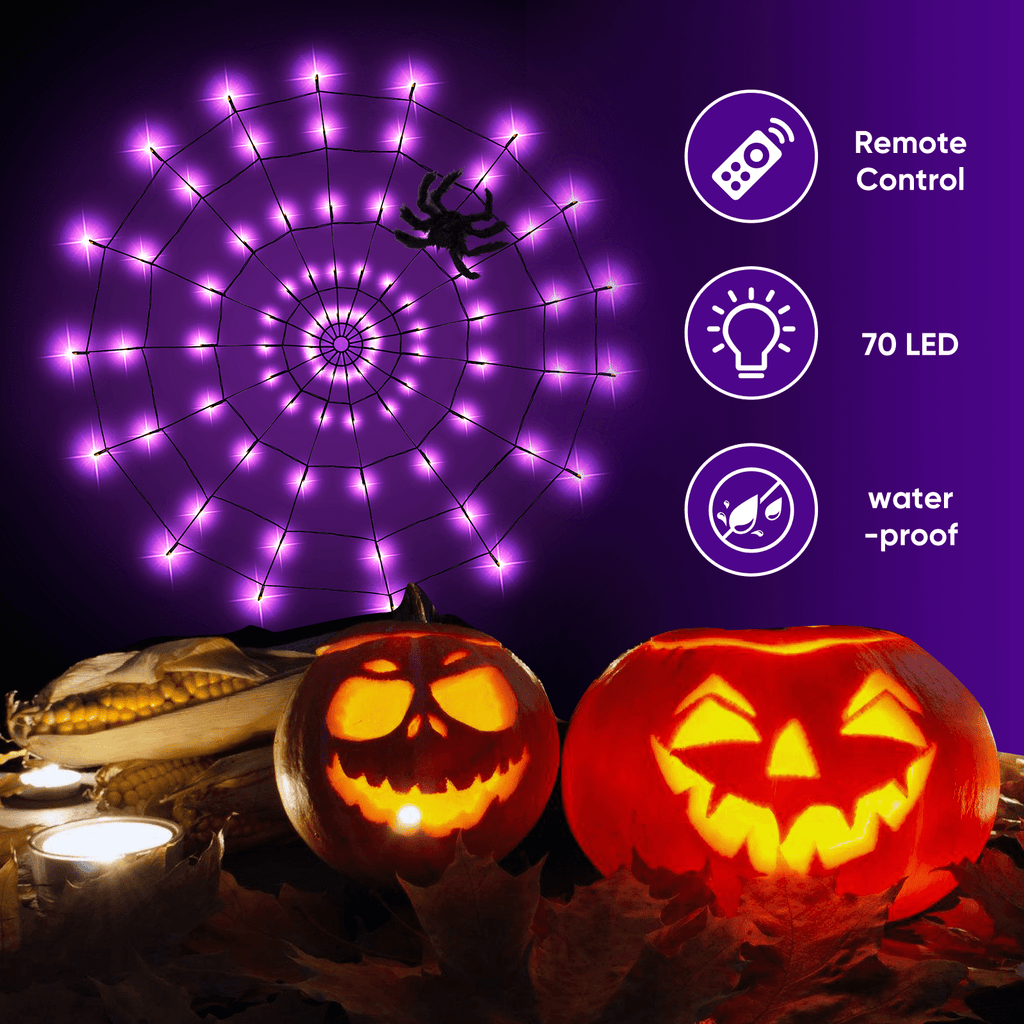 Halloween Decorations Spider Web Lights, 4FT Diameter 70 LED with Black Spider, Waterproof Net Lights, Remote Control