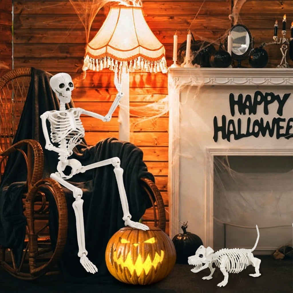 Ayieyill 2pcs Skeleton and Dog Skeleton Halloween Decorations Posable Skeletons Halloween Decorations Indoor Outdoor