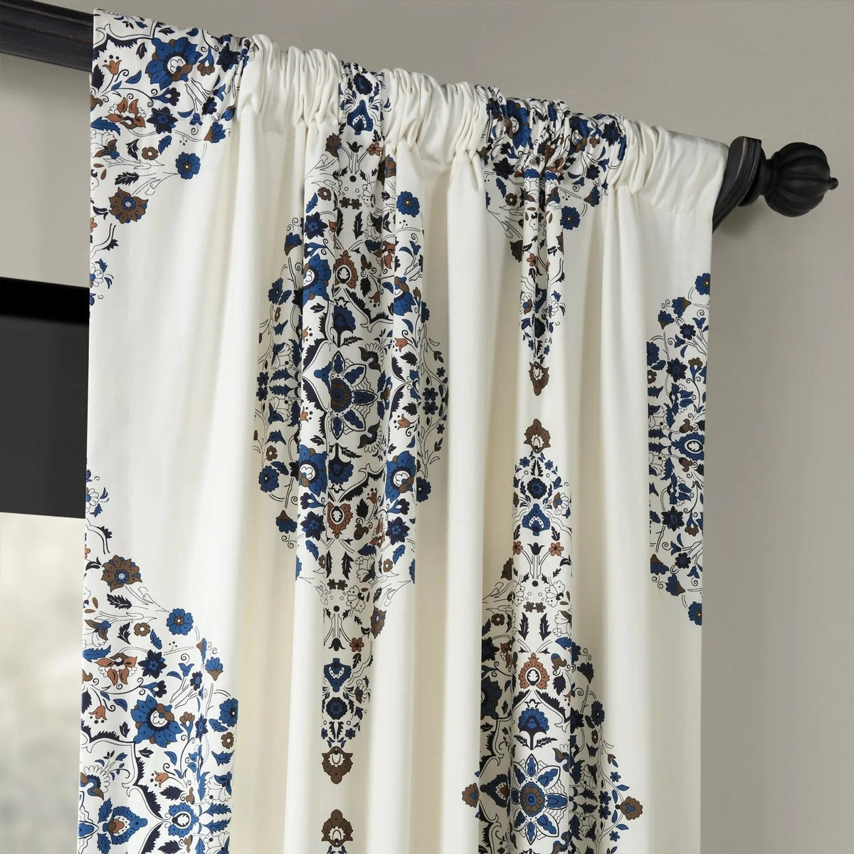 Medallion Damask Printed Cotton Room Darkening Curtain Panel, 1 Piece, 50 in W x 84/96/108/120 in L