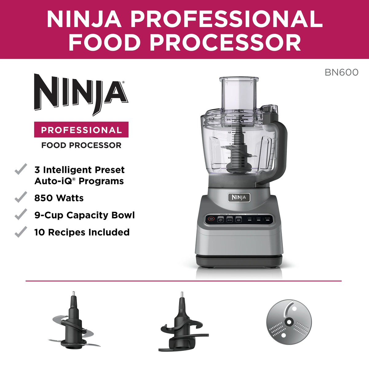 Ninja Professional Food Processor 9 Cup, 850 Watts, Silver - BN600