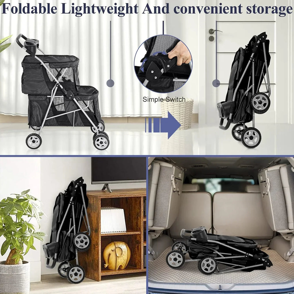 4-Wheel Foldable Pet Stroller With 2 Cages