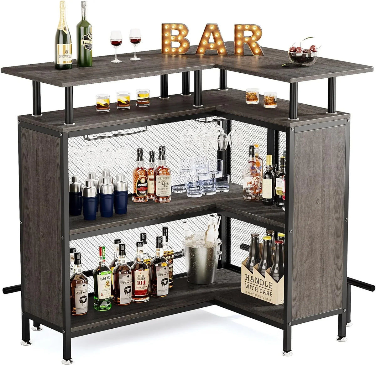 FJU L-Shaped Home Bar Unit With Stemware Racks, 2-Tier Shelves And Footrest - Gray
