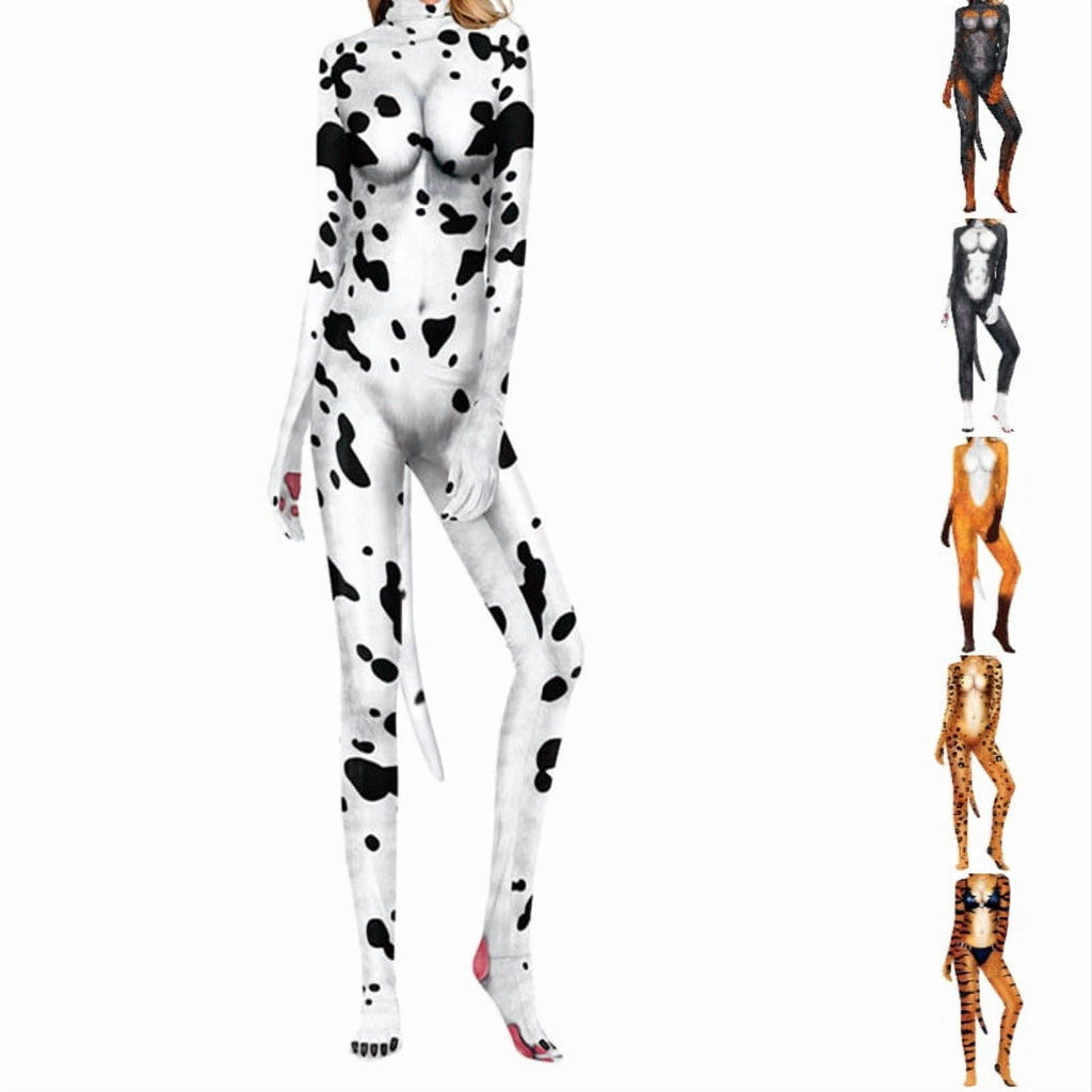 Krdevn Men 3D Animal Cosplay Bodysuit, Full‑Body Stretch Jumpsuit Costume with Tail for Halloween