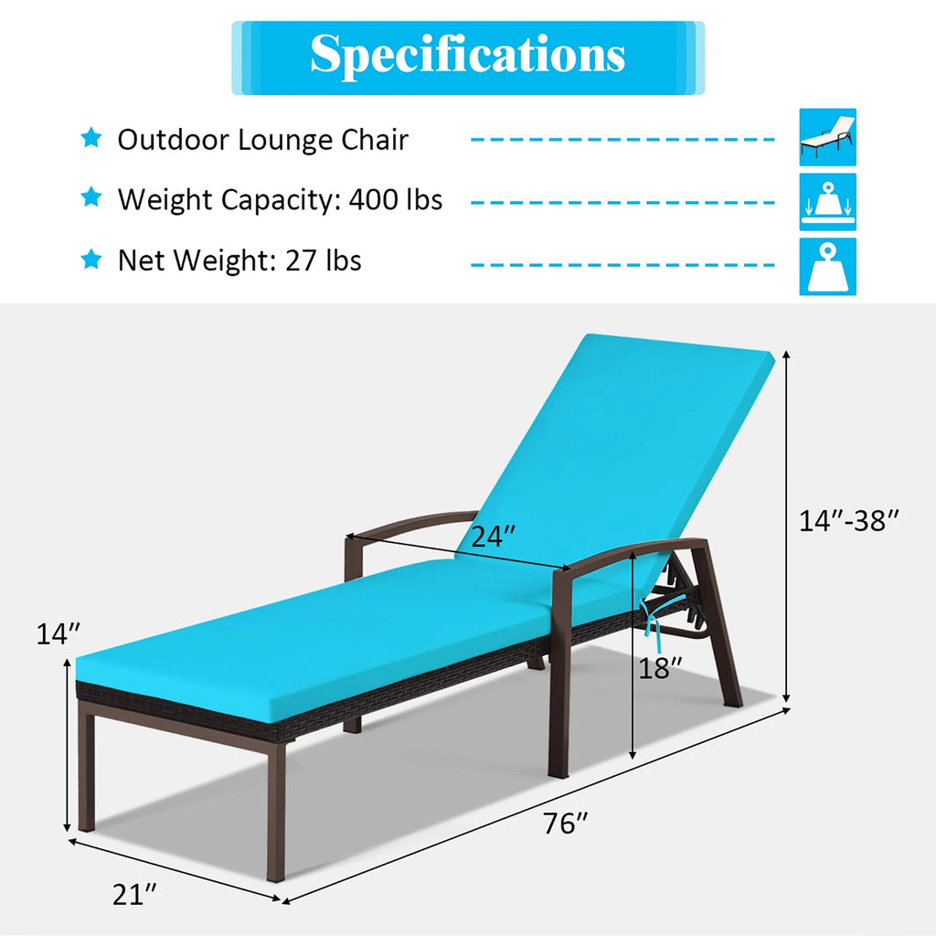 Costway 2 PCS Patio Rattan Chaise Lounge Chairs With Adjustable Backrest And Cushions - Red