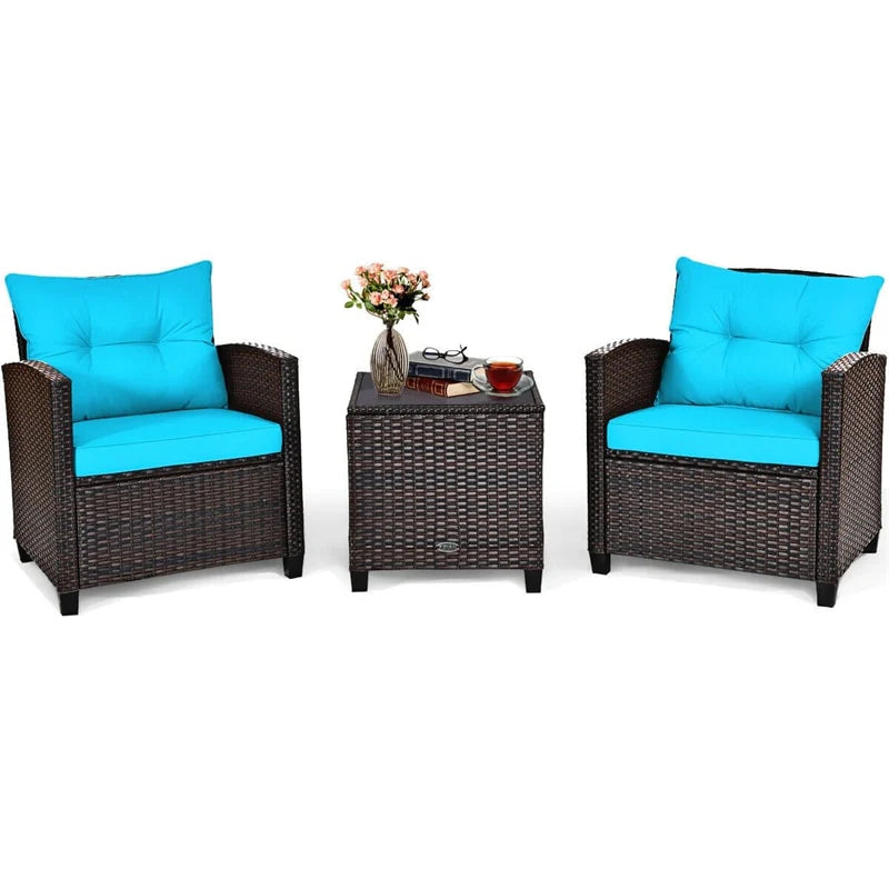 3-Piece Rattan Patio Conversation Set With Cushions And Coffee Table