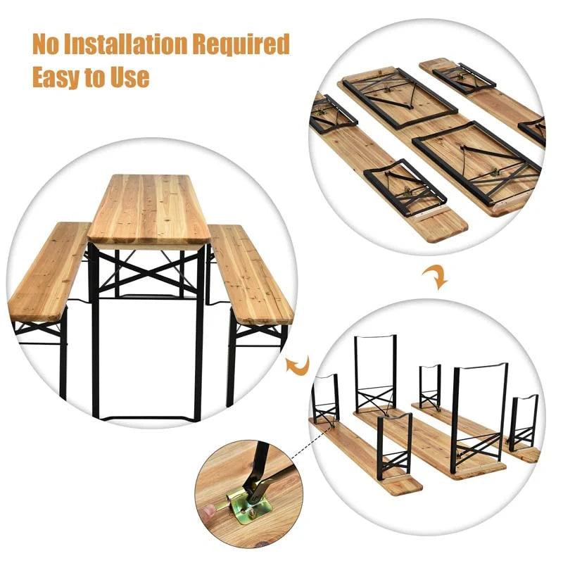 3-Piece Folding Picnic Table Bench Set, 70in Wooden Top - Black