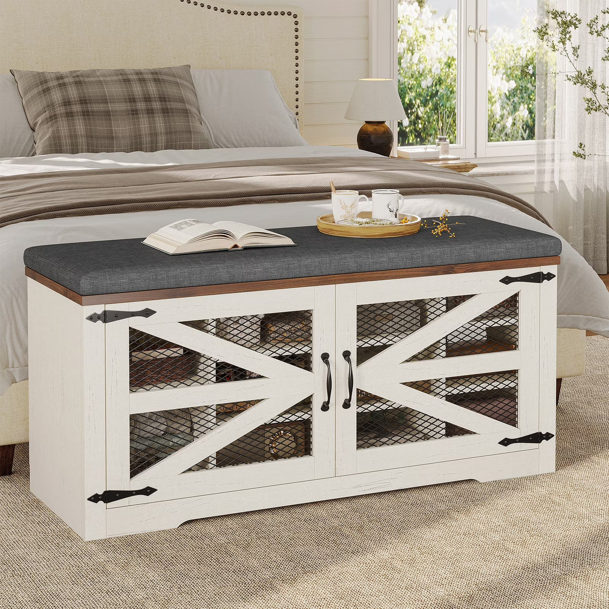 Farmhouse Shoe Storage Bench With Cushion, 31.4in, Metal Barn Door, Old White