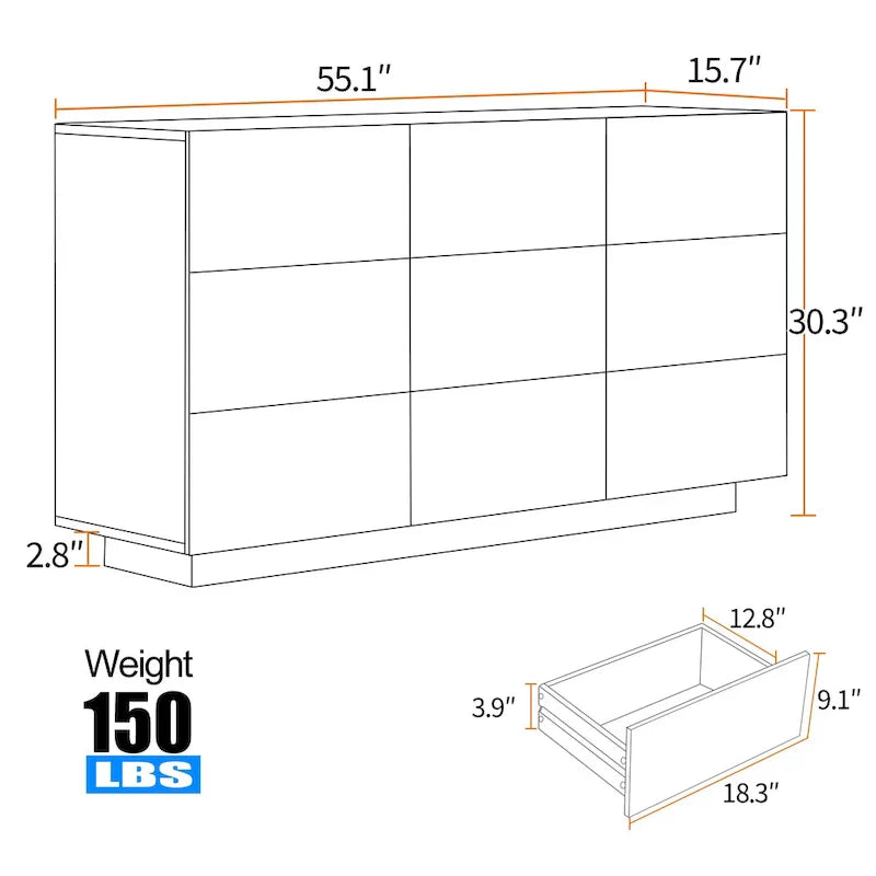 9-Drawer Storage Dresser Cabinet With Light, 15.7 W x 55.1 L x 30.3 H