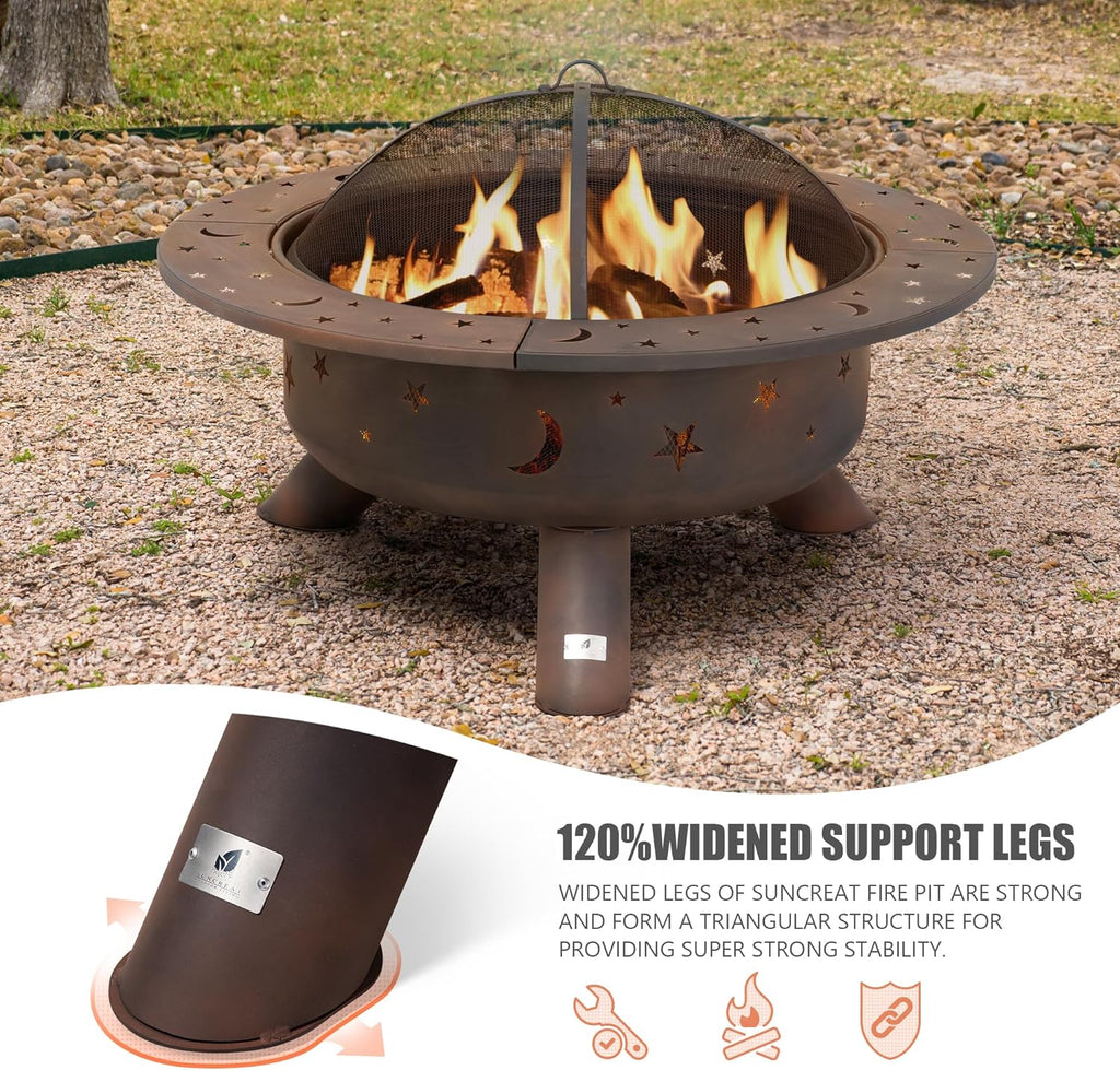 SUNCREAT 42-Inch Wood Burning Patio Fire Pit, Black, 42.1 Inch Diameter x 25.2 Inch High