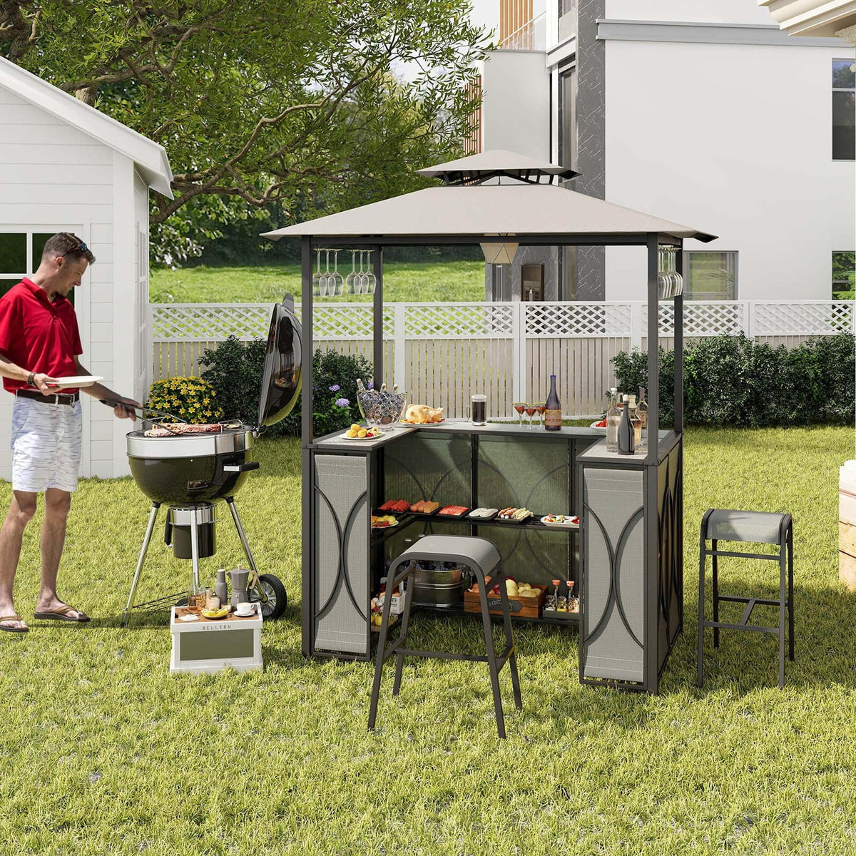 Costway 3-Piece Grill Gazebo Bar Set With 2 Bar Stools And Tempered Glass Top - Grey