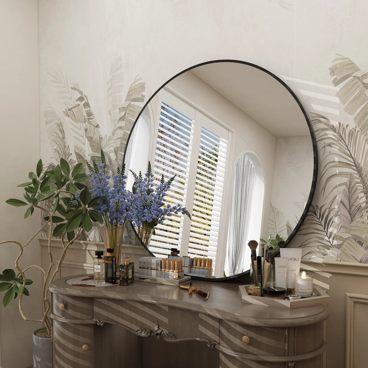 Round Metal Black Frame Bathroom Vanity Mirror - Wall Mounted