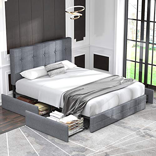 Allewie Upholstered Queen Platform Bed Frame With 4 Storage Drawers And Adjustable Headboard