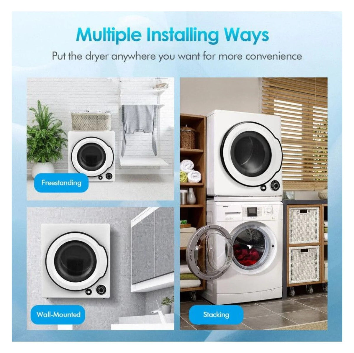 Compact Electric Tumble Dryer, 13.2lbs, White, Stainless Steel Tub, 4 Drying Modes, 2 Heat Settings