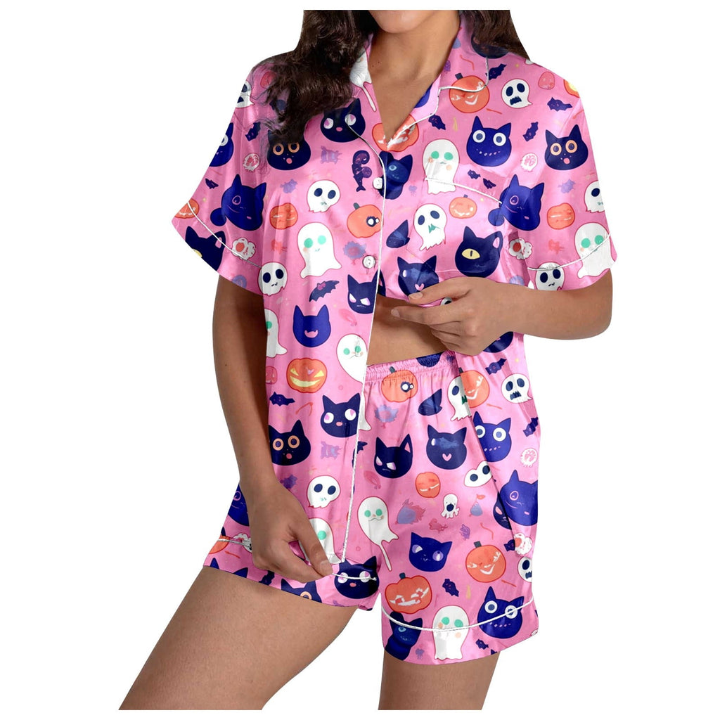 MEZZALL Women Halloween Printed Pajama With Lapel Collar Short Sleeve Tops And Shorts For Home Wear Cozy For Lightweight And Breathable Comfort Relaxed Fit 2 Piece Pjs