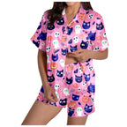 MEZZALL Women Halloween Printed Pajama With Lapel Collar Short Sleeve Tops And Shorts For Home Wear Cozy For Lightweight And Breathable Comfort Relaxed Fit 2 Piece Pjs