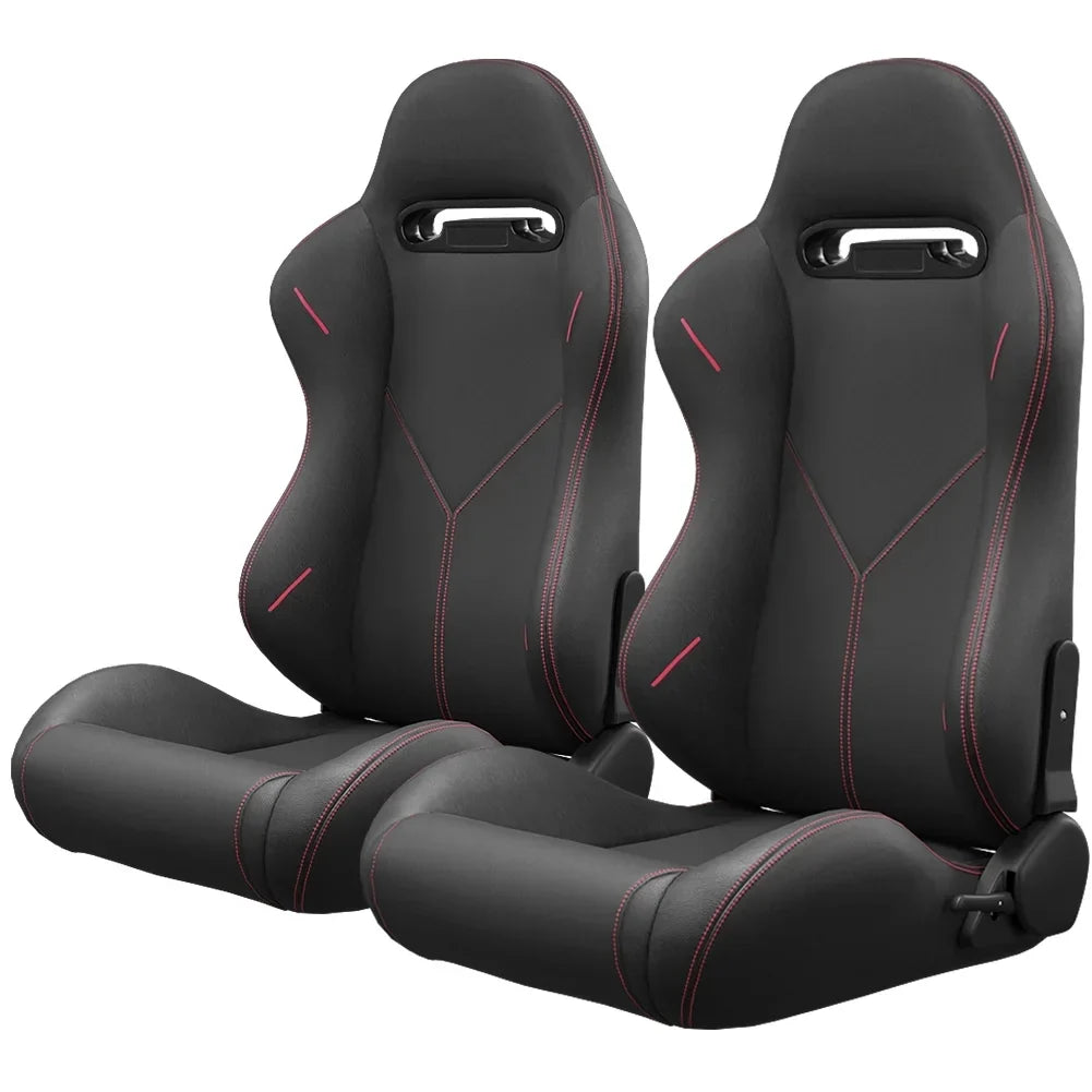 2PC Universal Reclinable Bucket Racing Seats With Adjustor Slider - Red PVC Leather