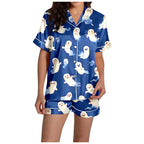 MEZZALL Women Halloween Printed Pajama With Lapel Collar Short Sleeve Tops And Shorts For Home Wear Cozy For Lightweight And Breathable Comfort Relaxed Fit 2 Piece Pjs