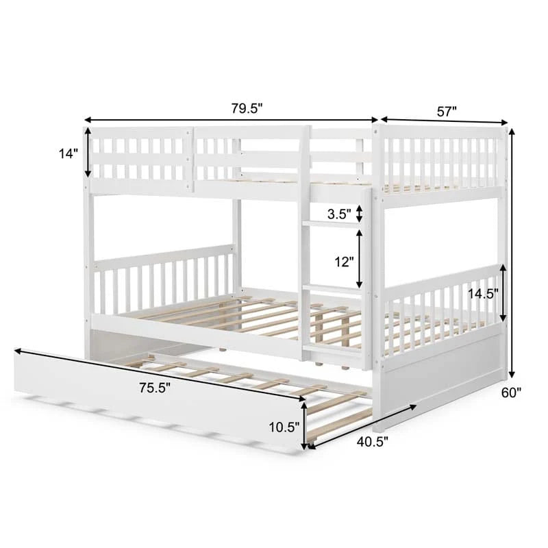 Full Over Full Convertible Bunk Bed Frame With Trundle, Ladder And Guardrails