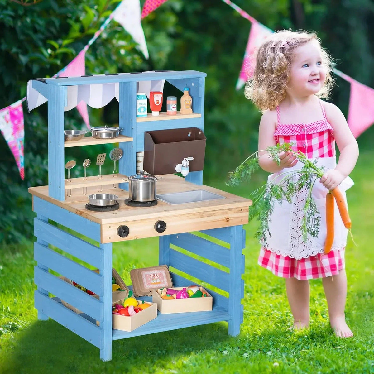 Brinjoy Kids Mud Kitchen Playset, Double-Sided Wooden, Blue, 22.5 x 21.5 x 33.5 in