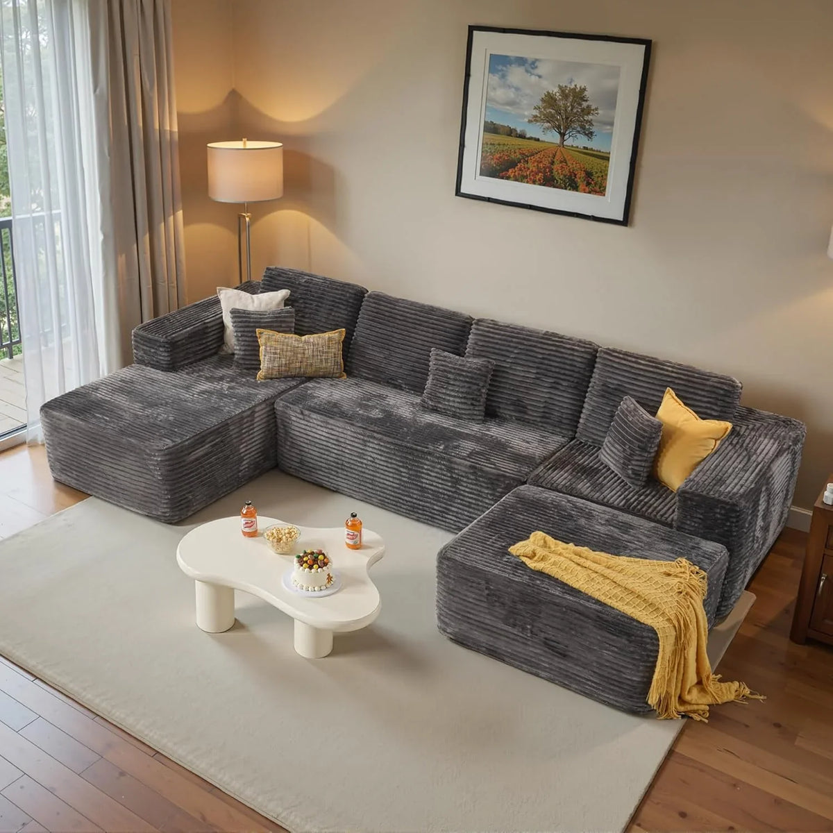 ovios 104in L-Shape Sectional Sofa With Chaise, Grey Plush Corduroy Fabric