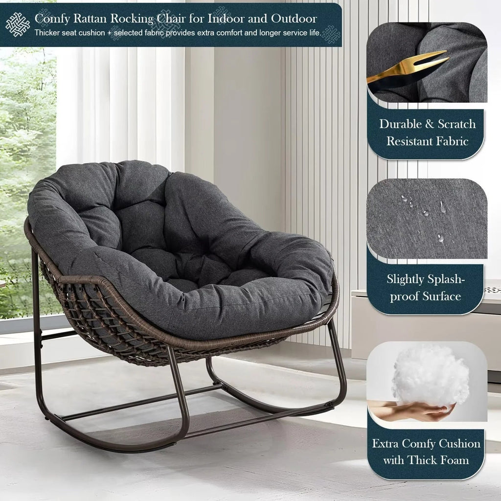 Outdoor Papasan Rocking Chair With Thick Cushion, Grey - 43.70in D x 37.20in W x 31.50in H