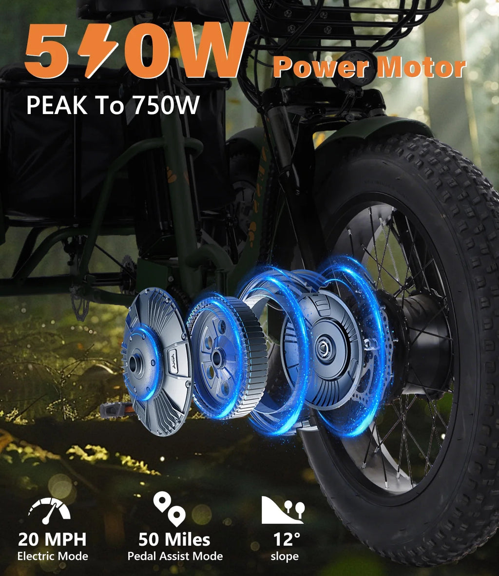 YEBEI Folding Electric Tricycle for Adults, 500W Motor, 48V15AH Lithium Battery, 20 x 4.0 in Fat Tires