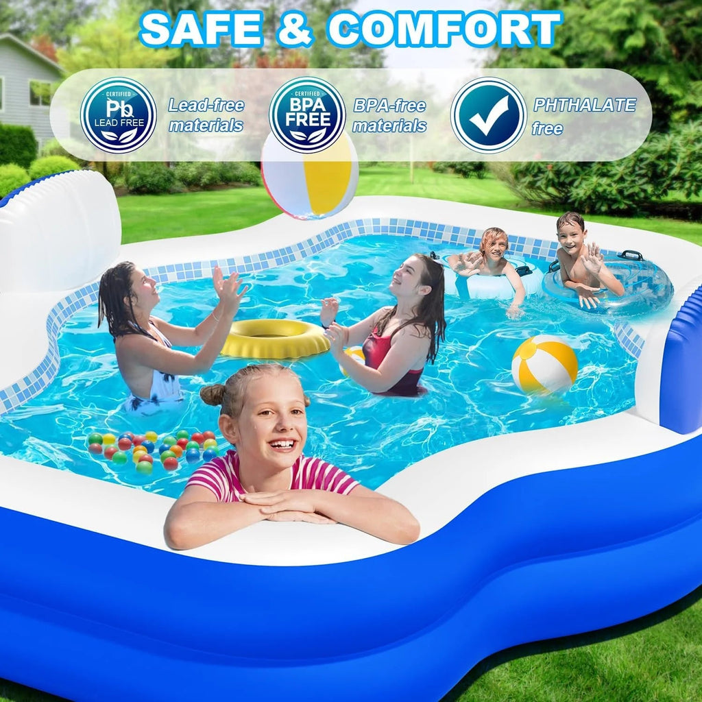 Family Inflatable Swimming Pool 121 x 90 x 22 in With Electric Pump, 2 Seats And 2 Headrests