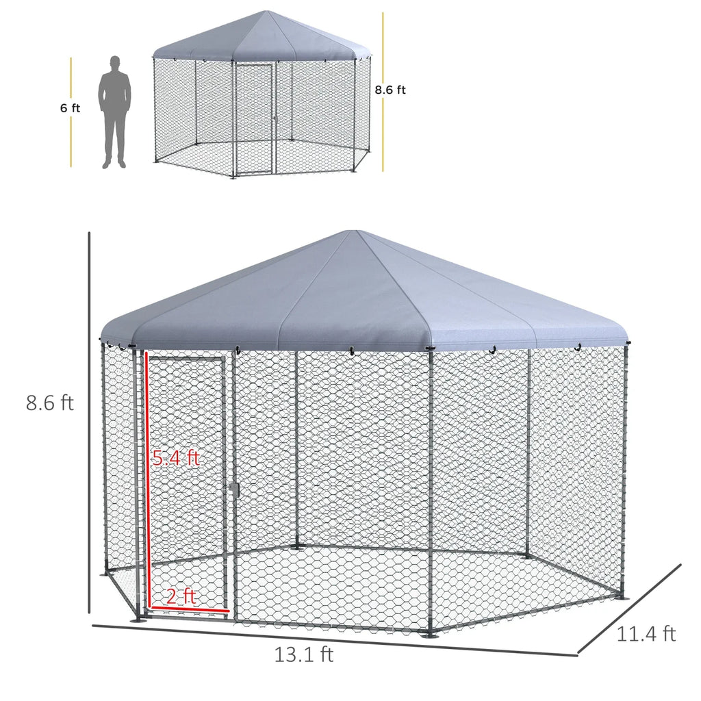 PawHut Large Metal Coop Run With Waterproof Anti-UV Cover, 13 ft x 11.4 ft x 8.6 ft