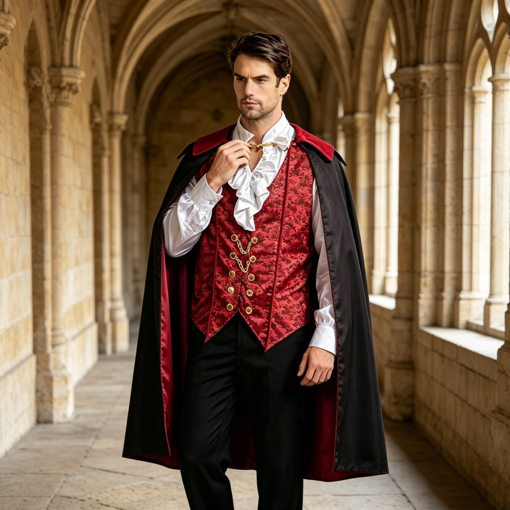 JOANKDMI Mens Gothic Vampire Costume Set with Stand Collar Cape Vest and Ruffle Shirt Classic Aristocrat Dracula Outfit for Halloween Role Play Role Play Theme Party