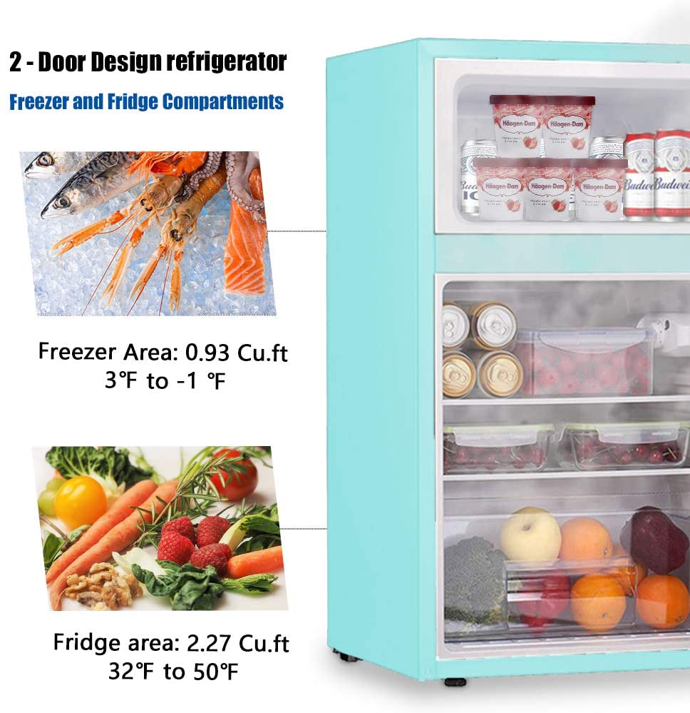 3.2 Cu.ft Compact Double Door Refrigerator With Freezer, 19 inch x 33.5 inch x 20 inch, Green