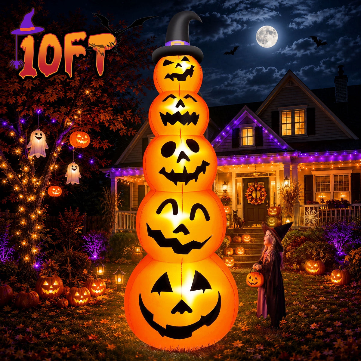 Yexmas 10ft Halloween Inflatable Pumpkins Outdoor Decor with Black Cat Tombstone and Spectre, Built-in LED Lights, for Halloween Party, Yard, Garden, Lawn
