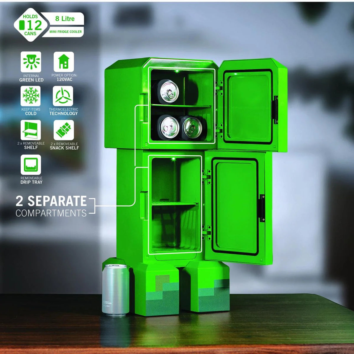 Minecraft Creeper 2 Door Mini Fridge, 8L, Green, 25.2 in H x 9.5 in W x 9.1 in D