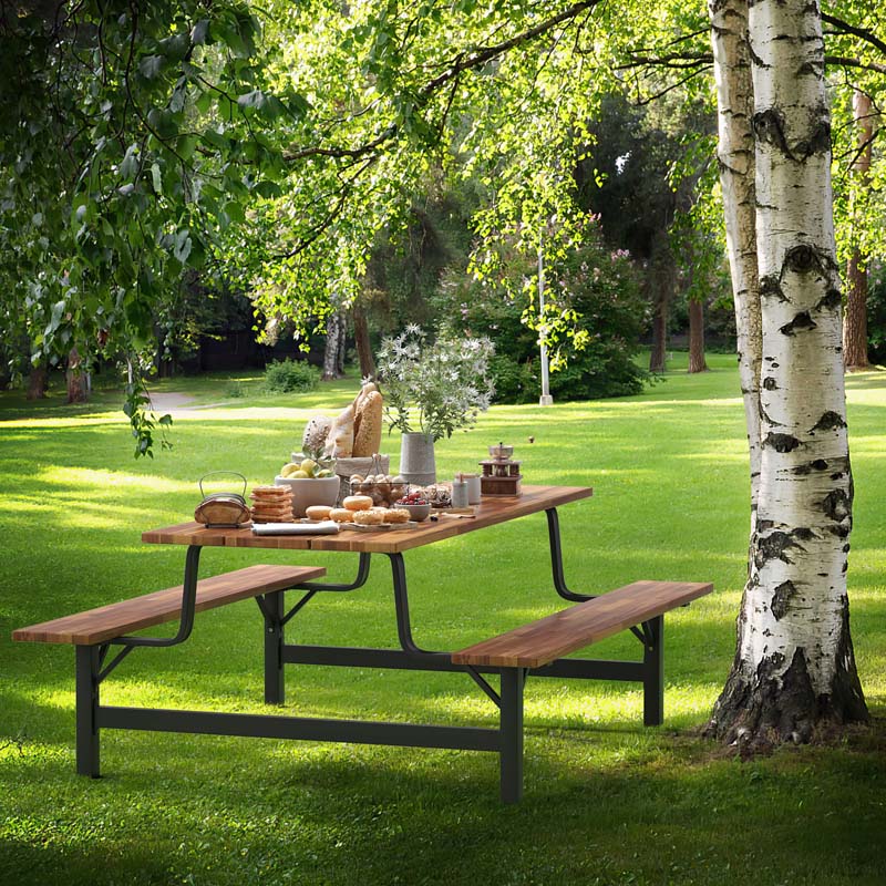 Acacia Wood Picnic Table Bench Set, 71in With 2in Umbrella Hole And Metal Frame