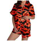 MEZZALL Women Halloween Printed Pajama With Lapel Collar Short Sleeve Tops And Shorts For Home Wear Cozy For Lightweight And Breathable Comfort Relaxed Fit 2 Piece Pjs