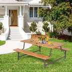 Acacia Wood Picnic Table Bench Set, 71in With 2in Umbrella Hole And Metal Frame