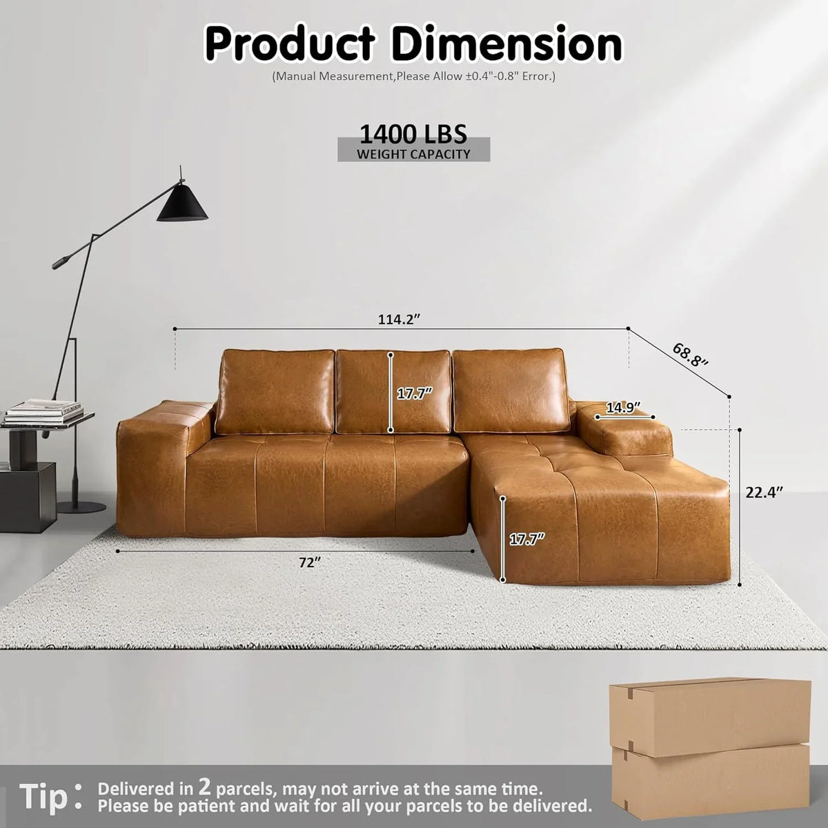 ovios 104in L-Shape Sectional Sofa With Chaise, Grey Plush Corduroy Fabric