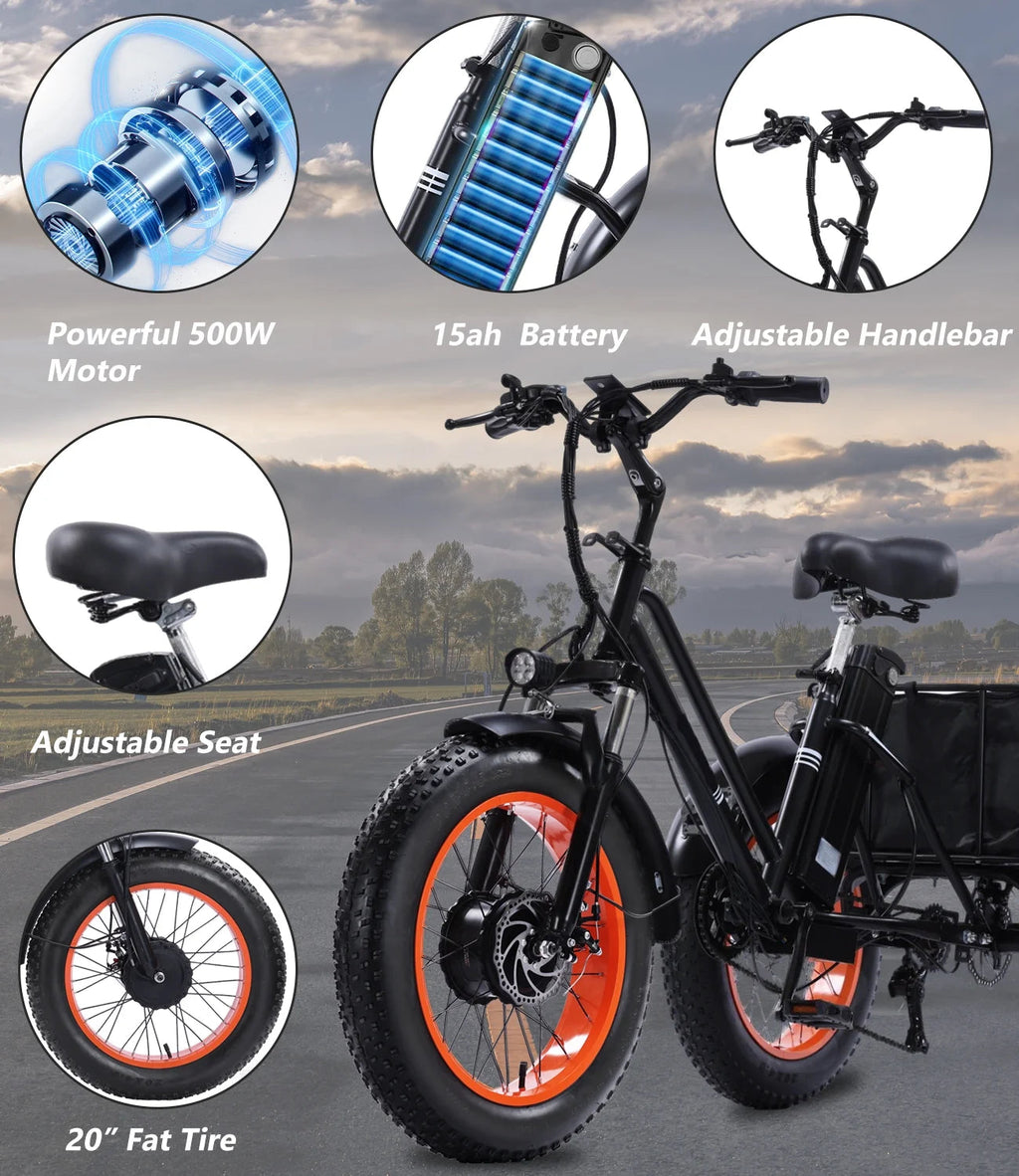 YEBEI Folding Electric Tricycle for Adults, 500W Motor, 48V15AH Lithium Battery, 20 x 4.0 in Fat Tires