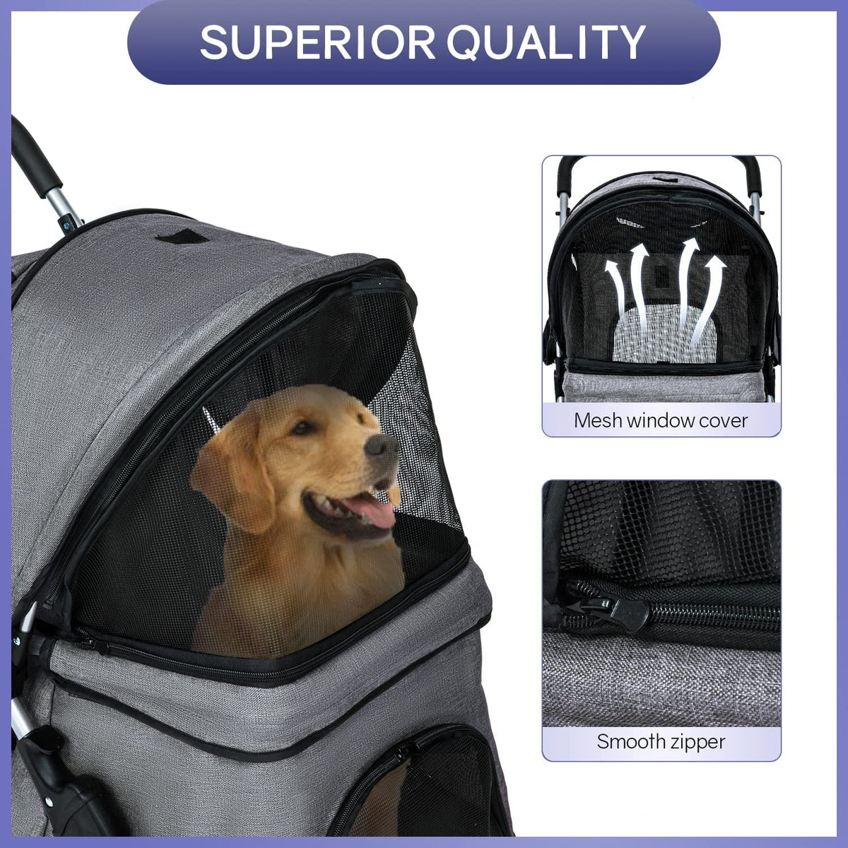 Dkelincs 4-Wheel Foldable Dog Cat Stroller Travel Carrier, Grey - 29.5in L x 18.9in W x 39.8in H