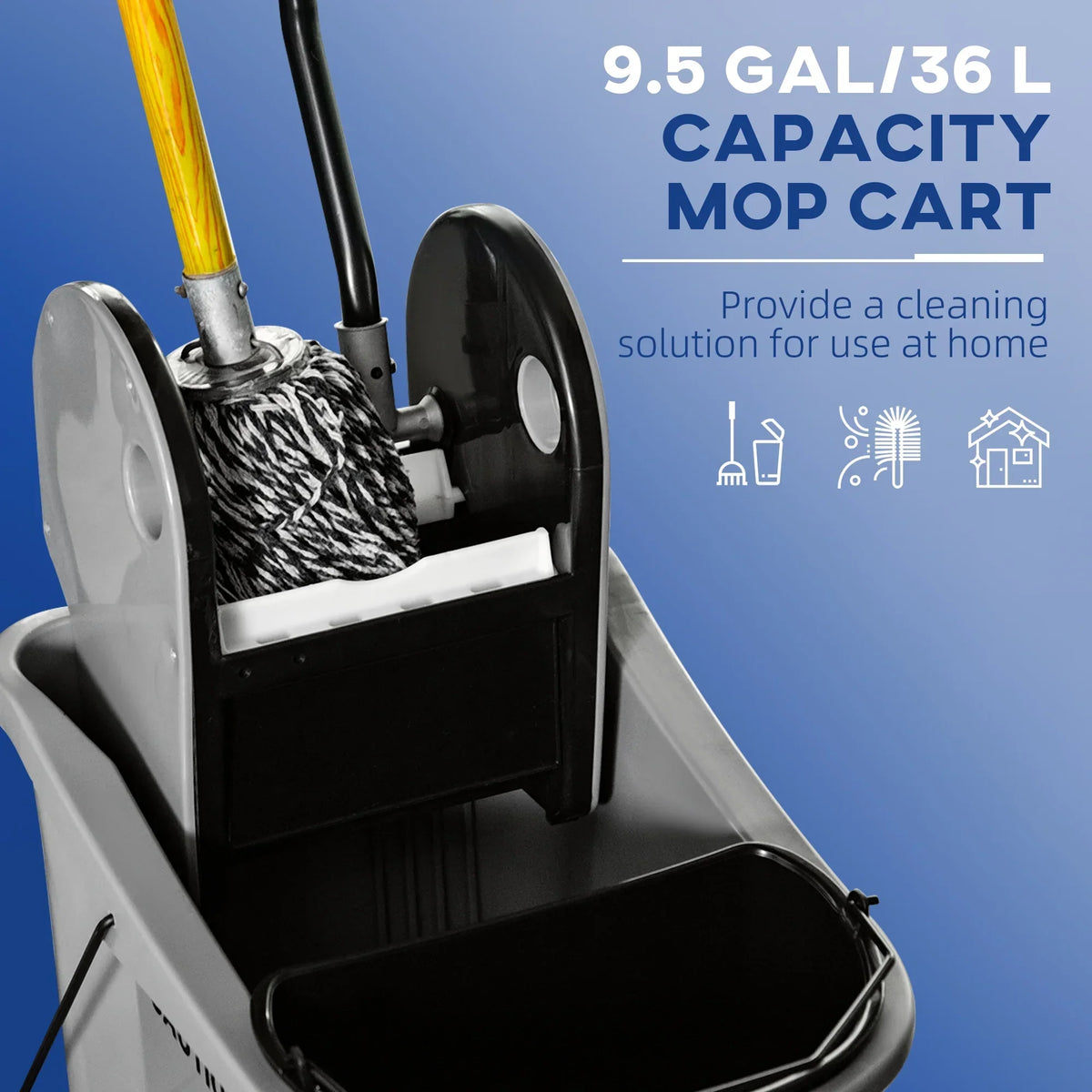 HOMCOM 9.5 Gallon Mop Bucket With Wringer Cleaning Cart, 38 Quart, Grey
