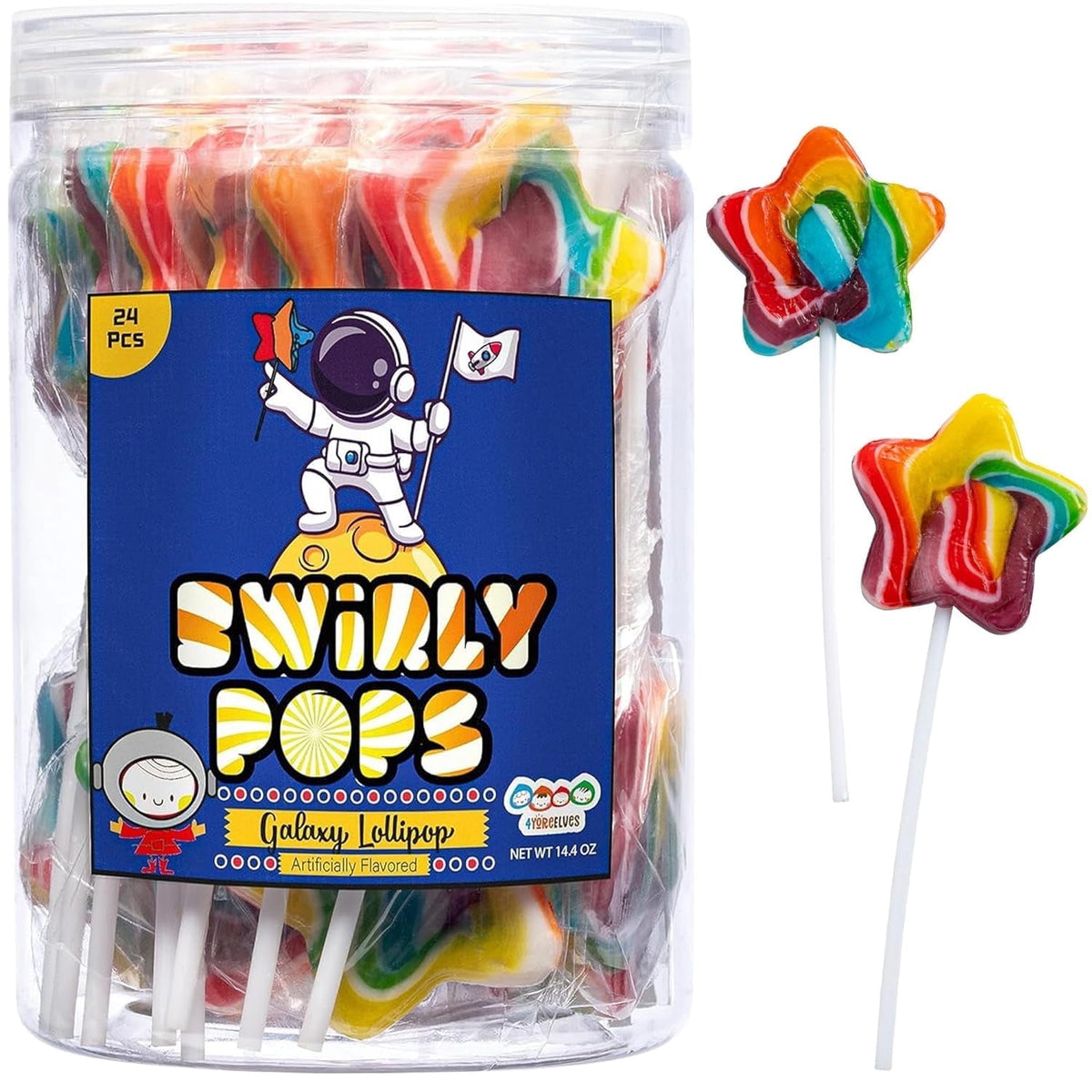 Galaxy Star Rainbow Lollipops Individually Wrapped, Bursting with Fruity Flavor, Great Swirl Lollipops for Kids Birthday Parties, Space Candy Party Favors and Cake Toppers, By 4YoreElves (Pack of 24)