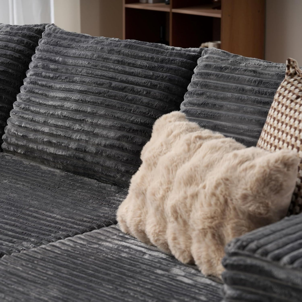 ovios 104in L-Shape Sectional Sofa With Chaise, Grey Plush Corduroy Fabric