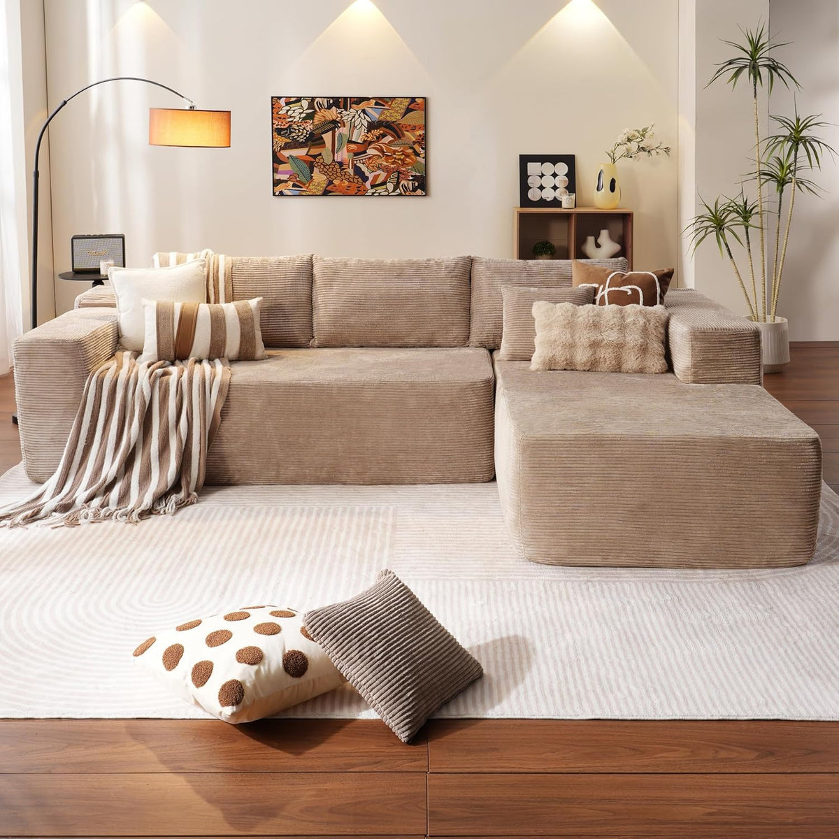 ovios 104in L-Shape Sectional Sofa With Chaise, Grey Plush Corduroy Fabric