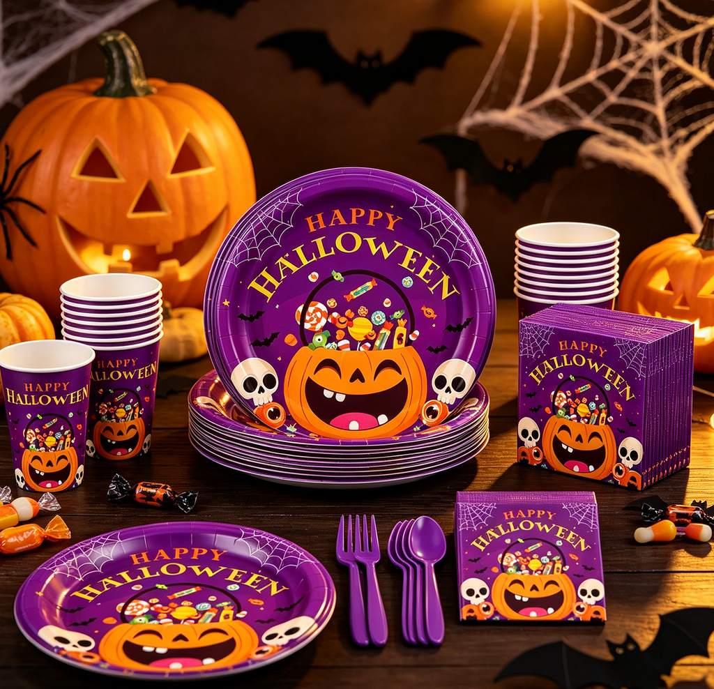 Halloween Paper Plates for Halloween Party Decoration Disposable Cups Napkins Table Cover for Halloween Banner Birthday Party Supplies Serve 20 Design 3